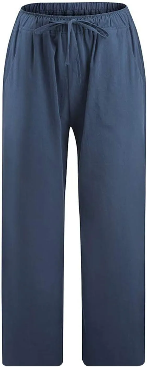 Womens Linen Summer Striped Pants Elastic Waisted Baggy Stretchy Plus Size Pants Office