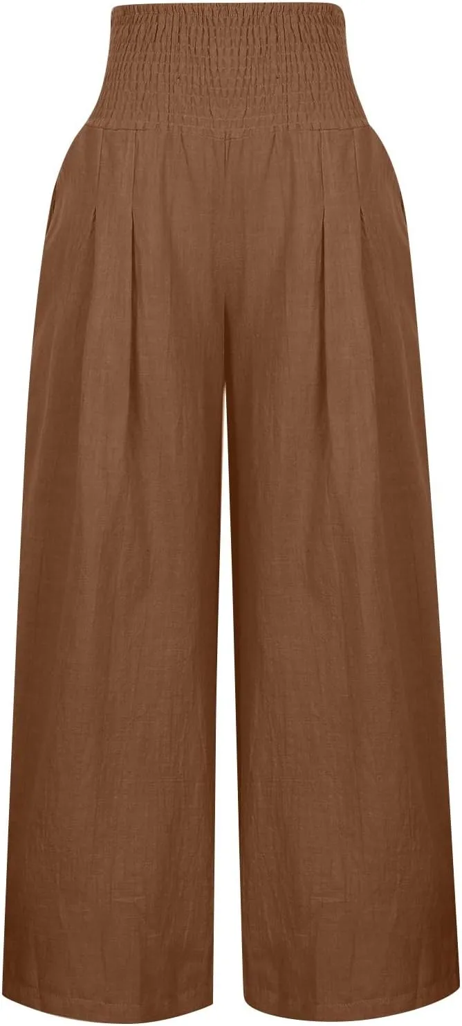 Womens Linen Summer Striped Pants Elastic Waisted Baggy Stretchy Plus Size Pants Office