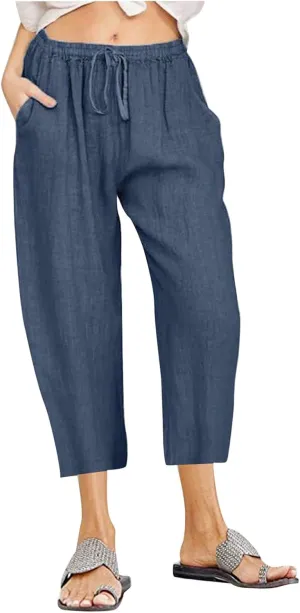 Womens Linen Summer Striped Pants Elastic Waisted Baggy Stretchy Plus Size Pants Office