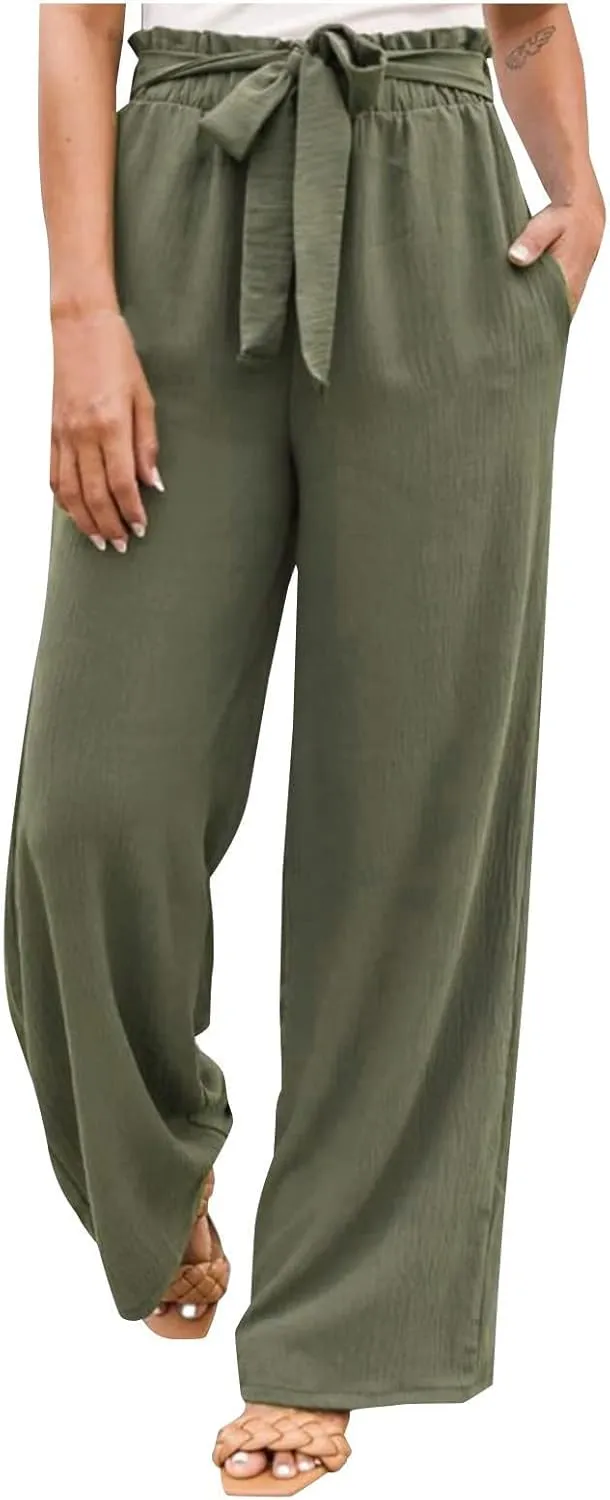 Womens Linen Summer Striped Pants Elastic Waisted Baggy Stretchy Plus Size Pants Office