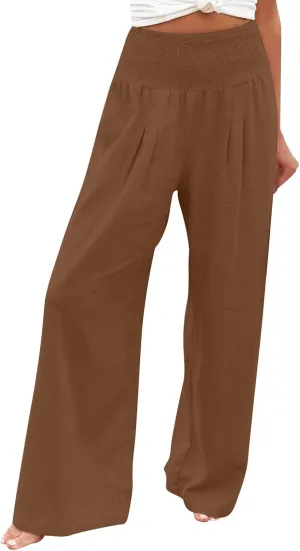 Womens Linen Summer Striped Pants Elastic Waisted Baggy Stretchy Plus Size Pants Office
