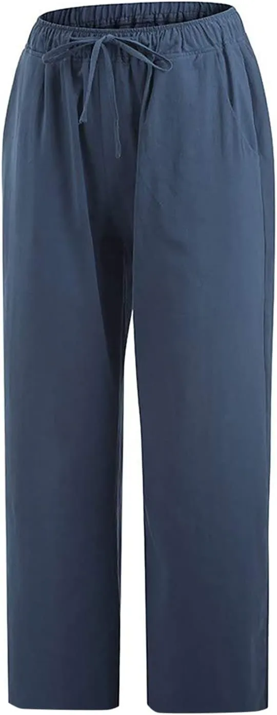 Womens Linen Summer Striped Pants Elastic Waisted Baggy Stretchy Plus Size Pants Office