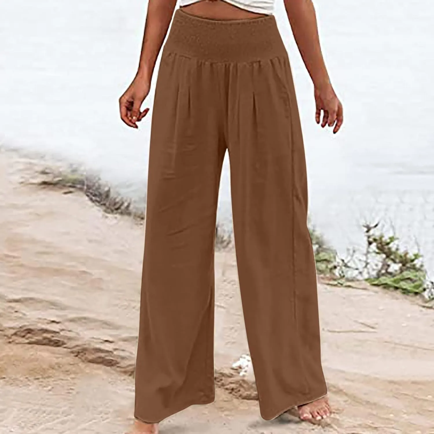 Womens Linen Summer Striped Pants Elastic Waisted Baggy Stretchy Plus Size Pants Office