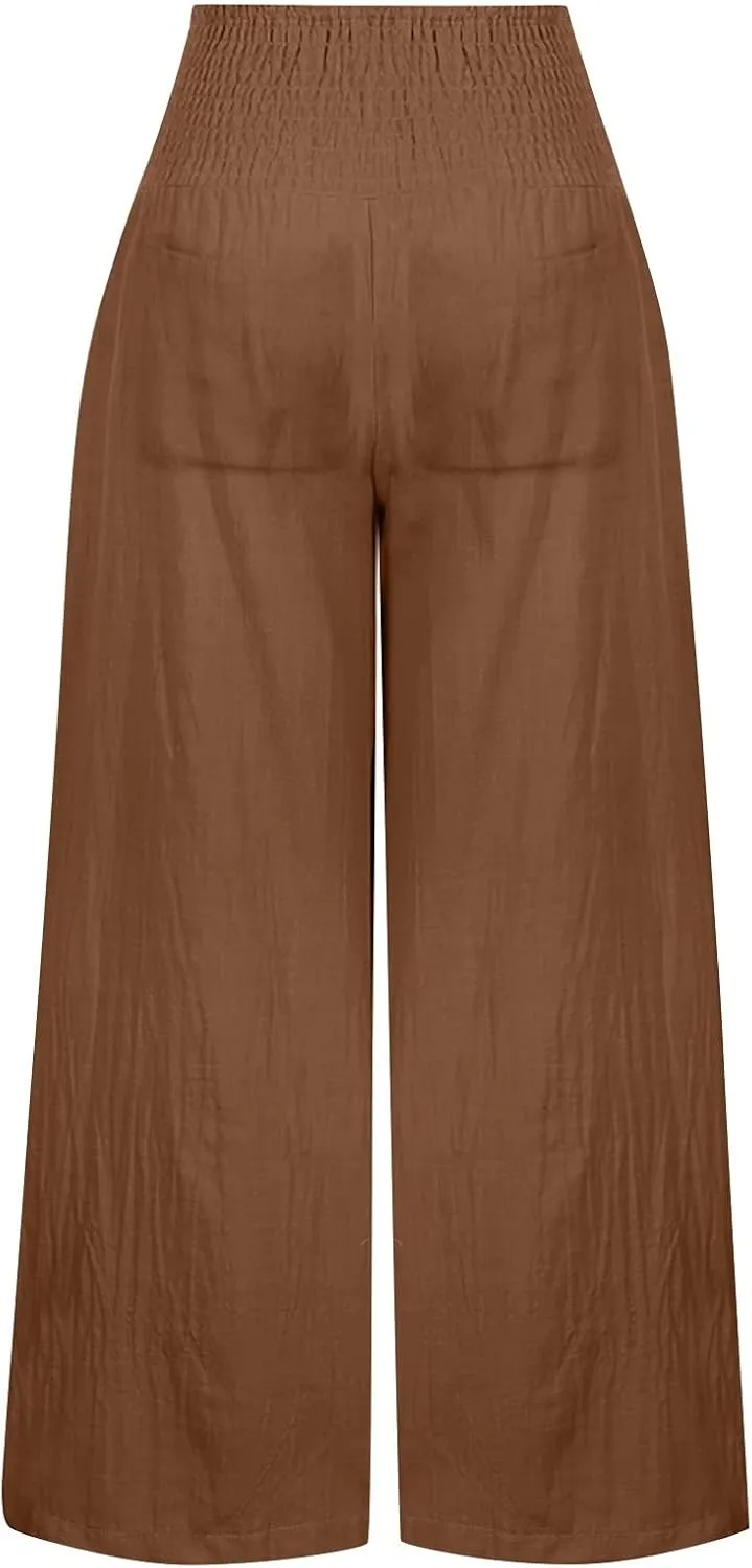 Womens Linen Summer Striped Pants Elastic Waisted Baggy Stretchy Plus Size Pants Office