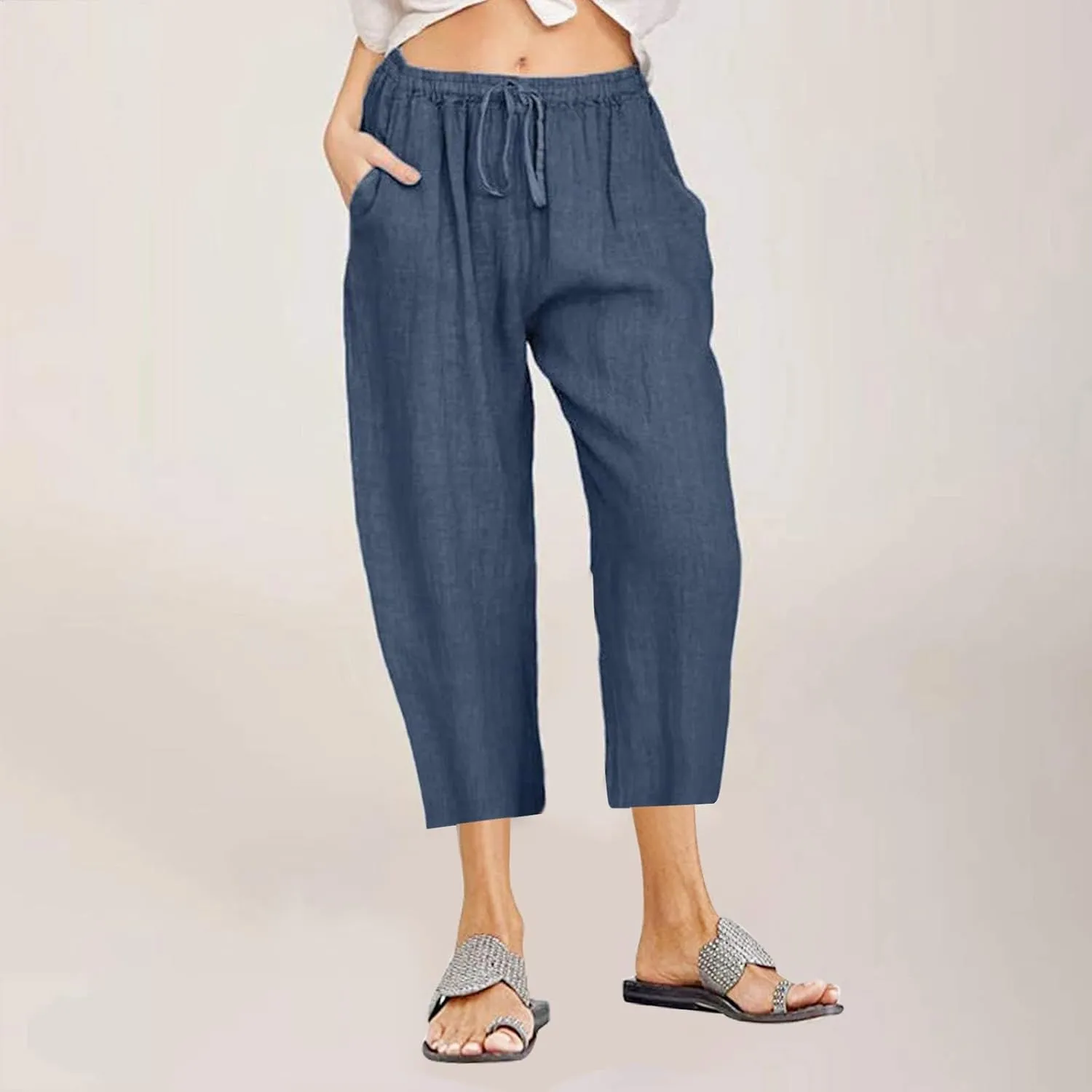 Womens Linen Summer Striped Pants Elastic Waisted Baggy Stretchy Plus Size Pants Office