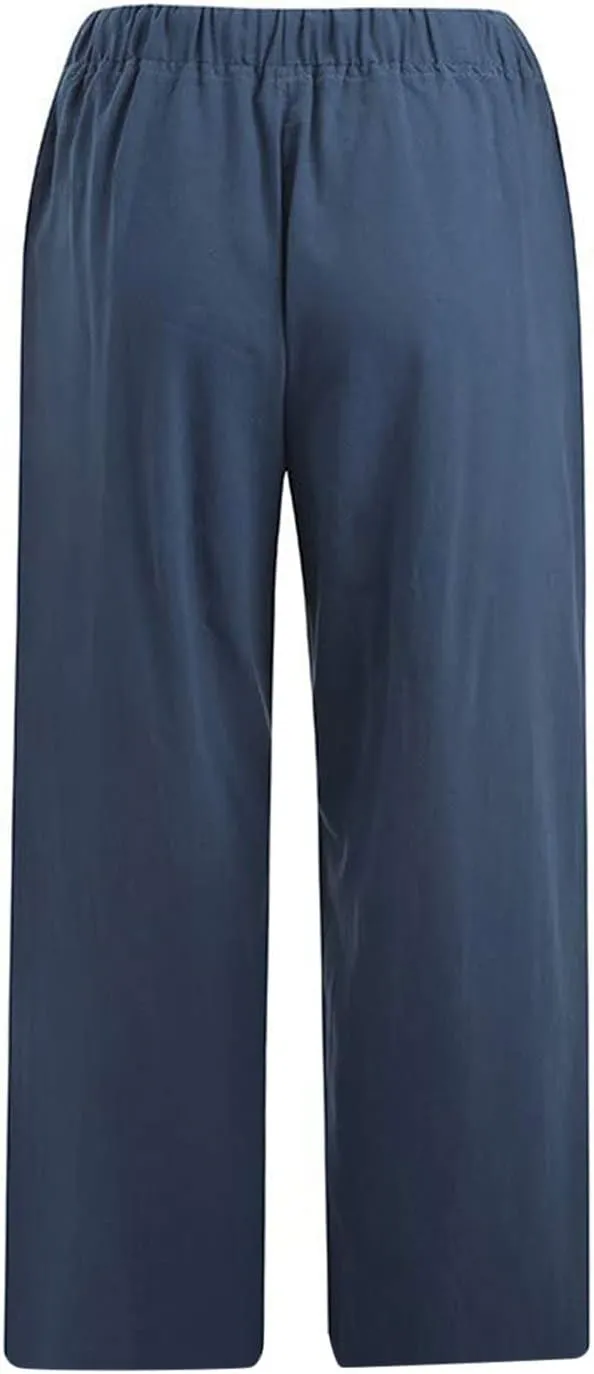 Womens Linen Summer Striped Pants Elastic Waisted Baggy Stretchy Plus Size Pants Office
