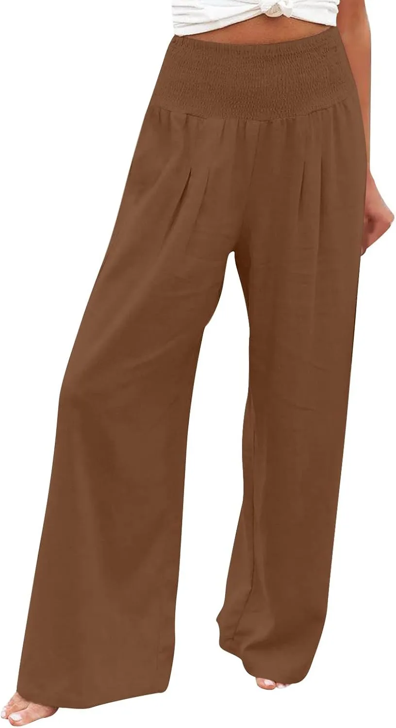 Womens Linen Summer Striped Pants Elastic Waisted Baggy Stretchy Plus Size Pants Office