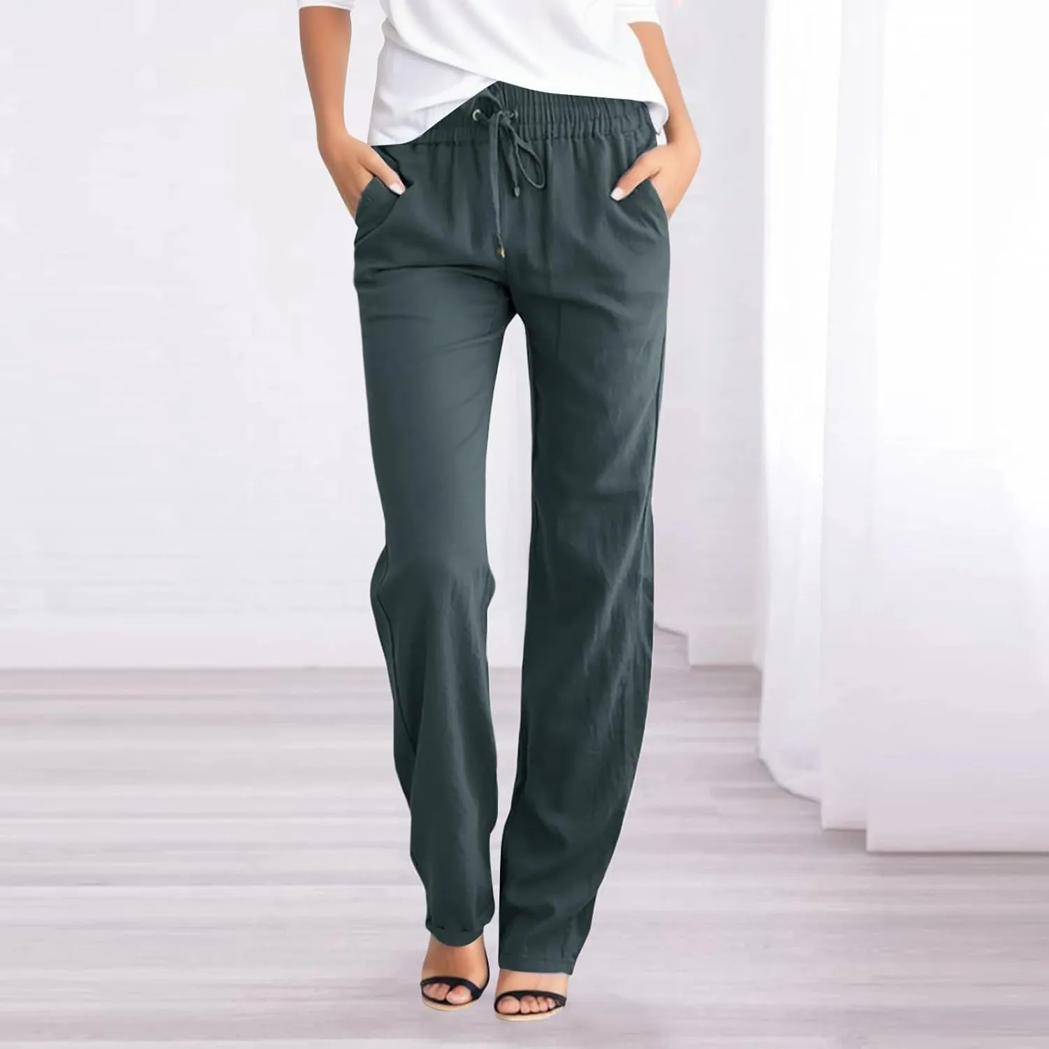 Women's Linen Summer Trendy Pants Elastic Waisted Stretchy Slim-Fit Palazzo Lounge Pants Office