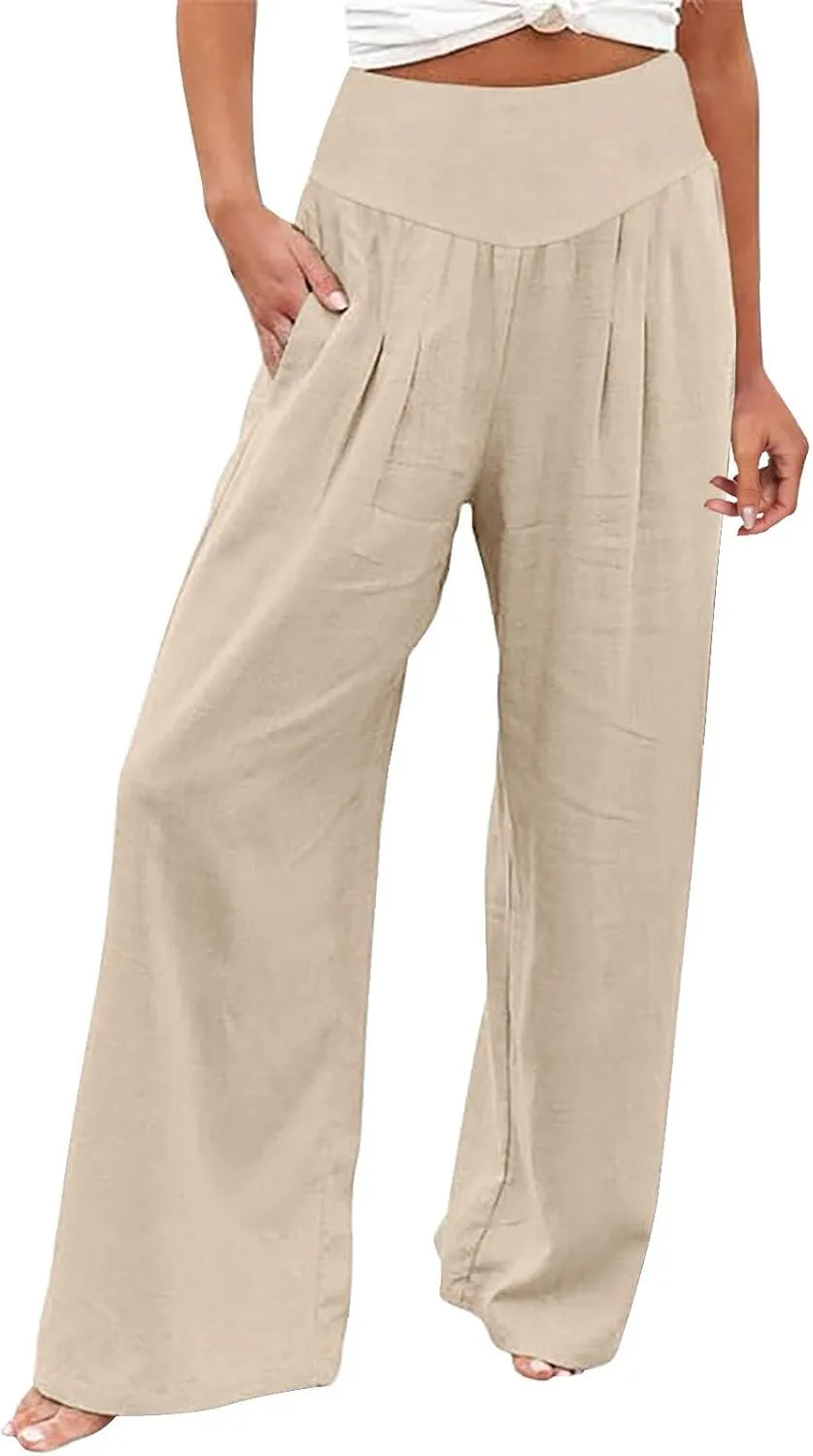 Women's Linen Summer Trendy Pants Elastic Waisted Stretchy Slim-Fit Palazzo Lounge Pants Office