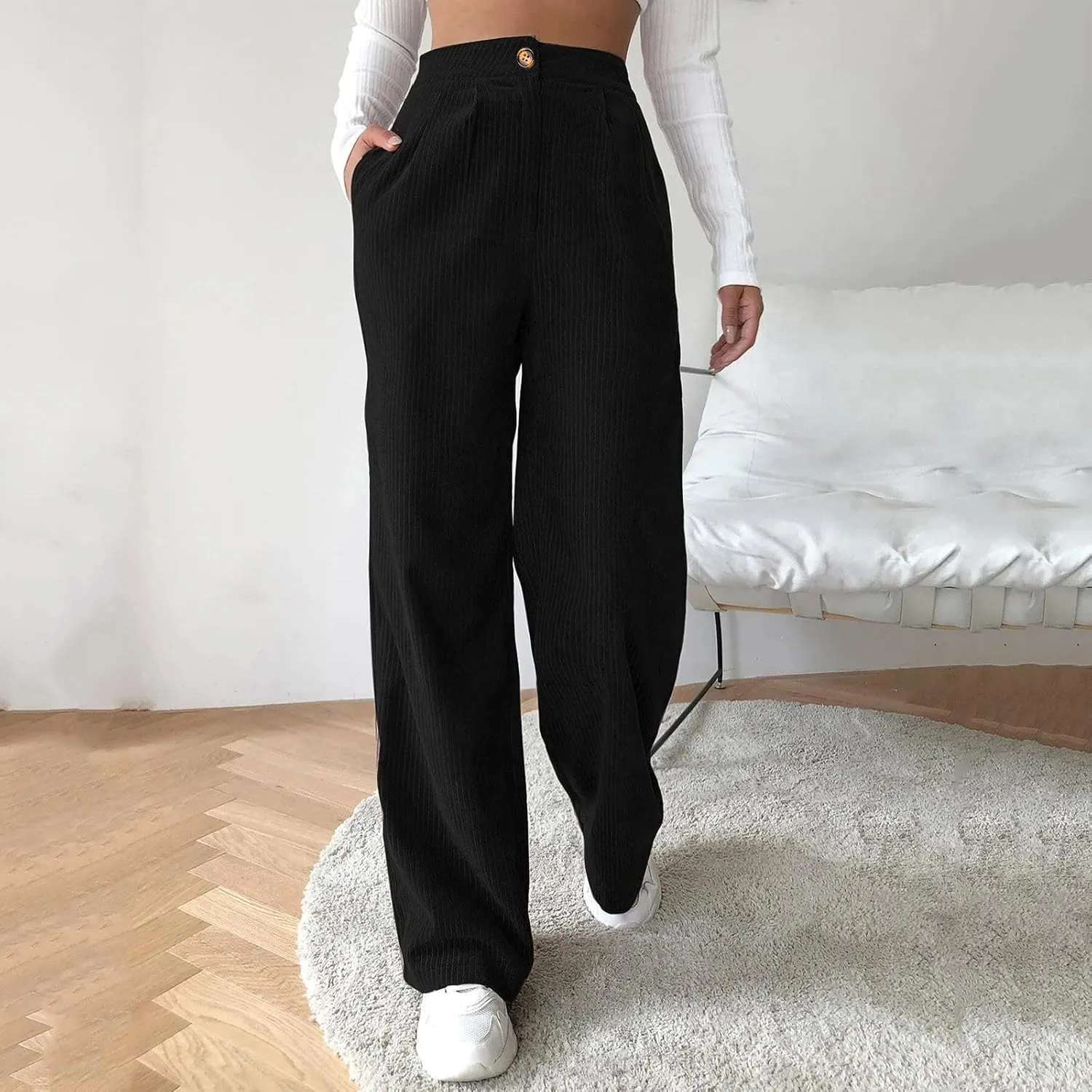 Women's Linen Summer Trendy Pants Elastic Waisted Stretchy Slim-Fit Palazzo Lounge Pants Office