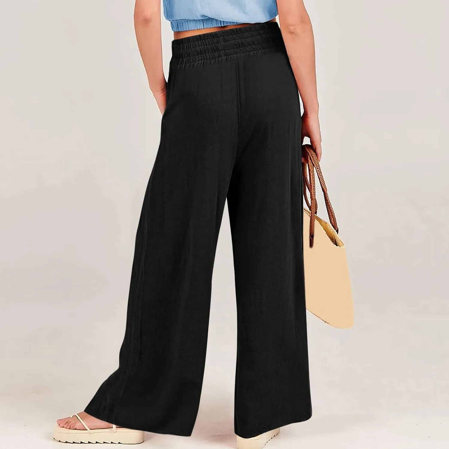 Women's Linen Summer Trendy Pants Elastic Waisted Stretchy Slim-Fit Palazzo Lounge Pants Office