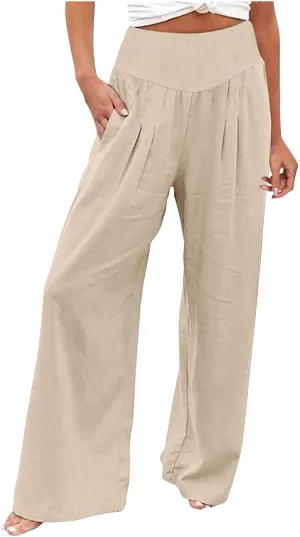 Women's Linen Summer Trendy Pants Elastic Waisted Stretchy Slim-Fit Palazzo Lounge Pants Office