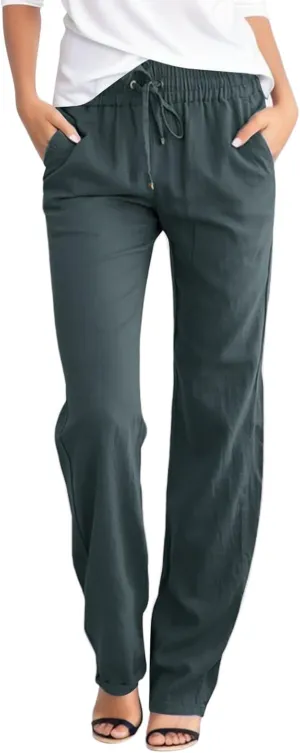 Women's Linen Summer Trendy Pants Elastic Waisted Stretchy Slim-Fit Palazzo Lounge Pants Office