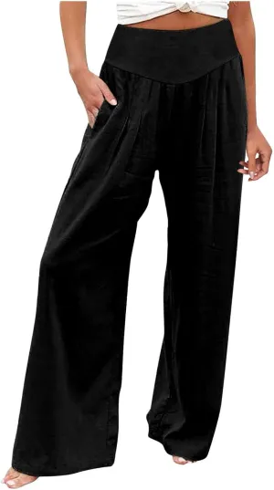 Women's Linen Summer Trendy Pants Elastic Waisted Stretchy Slim-Fit Palazzo Lounge Pants Office