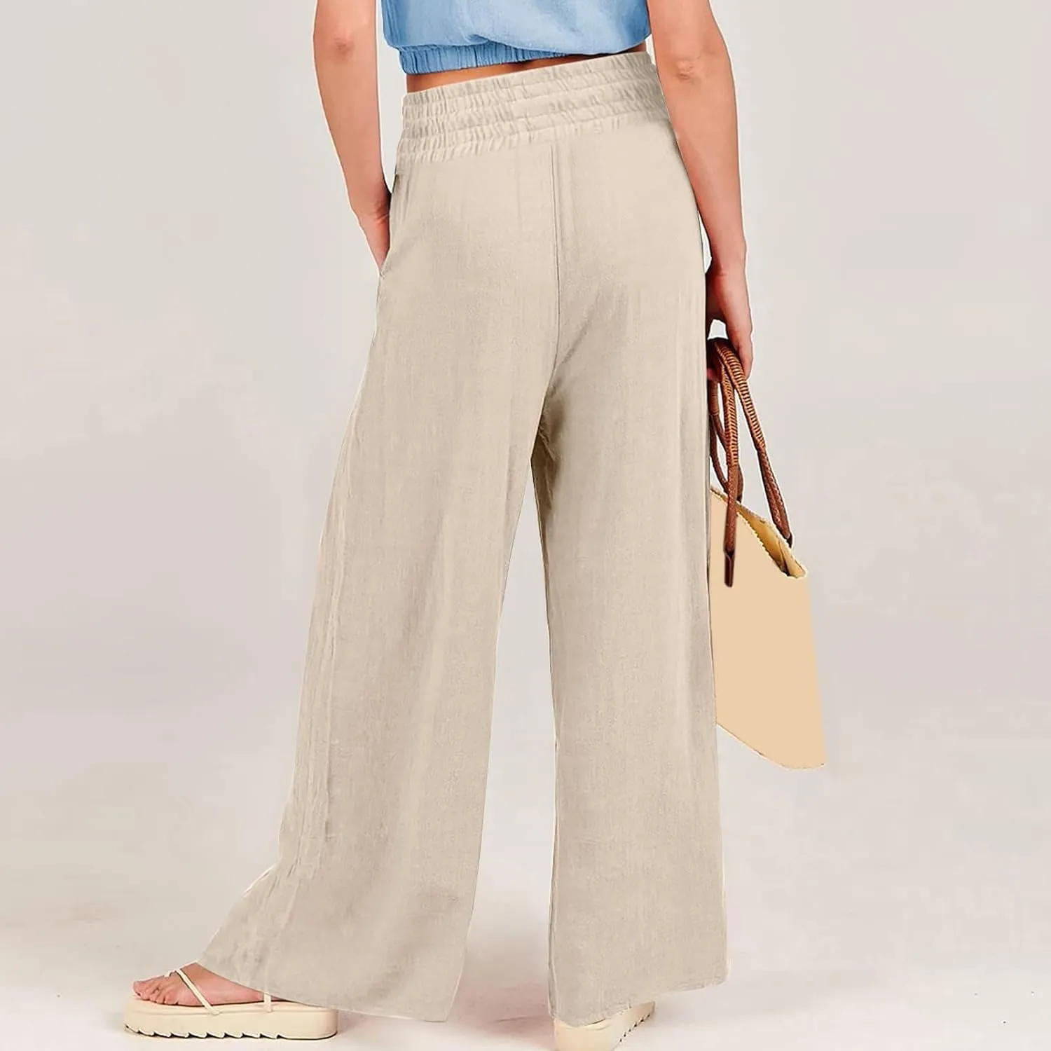 Women's Linen Summer Trendy Pants Elastic Waisted Stretchy Slim-Fit Palazzo Lounge Pants Office