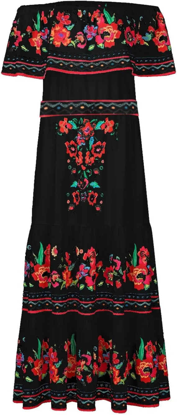 Women's Long Maxi Dress Sexy Off Shoulder Boho Floral Dress Ruffle Short Sleeve Smocked Flowy A Line Beach Dress