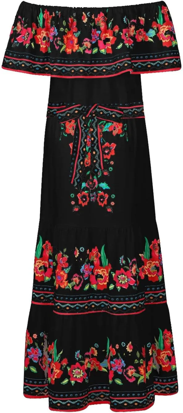 Women's Long Maxi Dress Sexy Off Shoulder Boho Floral Dress Ruffle Short Sleeve Smocked Flowy A Line Beach Dress