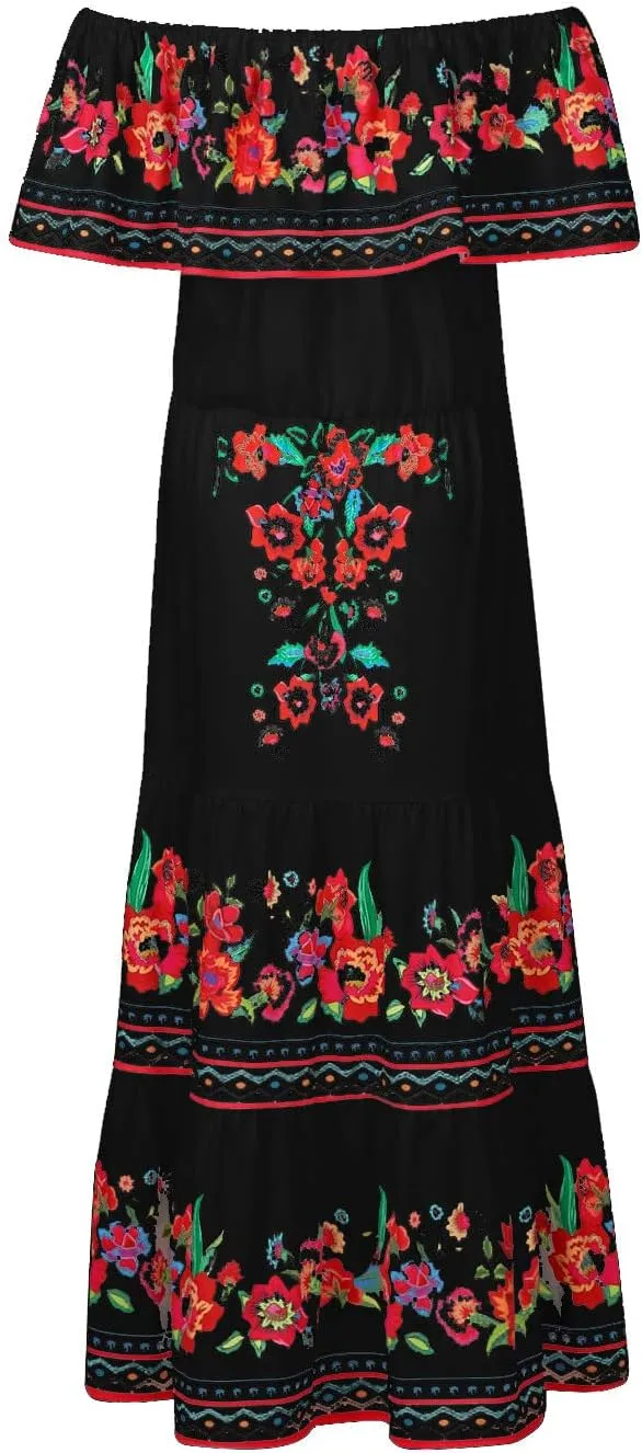 Women's Long Maxi Dress Sexy Off Shoulder Boho Floral Dress Ruffle Short Sleeve Smocked Flowy A Line Beach Dress