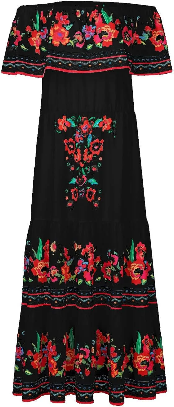 Women's Long Maxi Dress Sexy Off Shoulder Boho Floral Dress Ruffle Short Sleeve Smocked Flowy A Line Beach Dress
