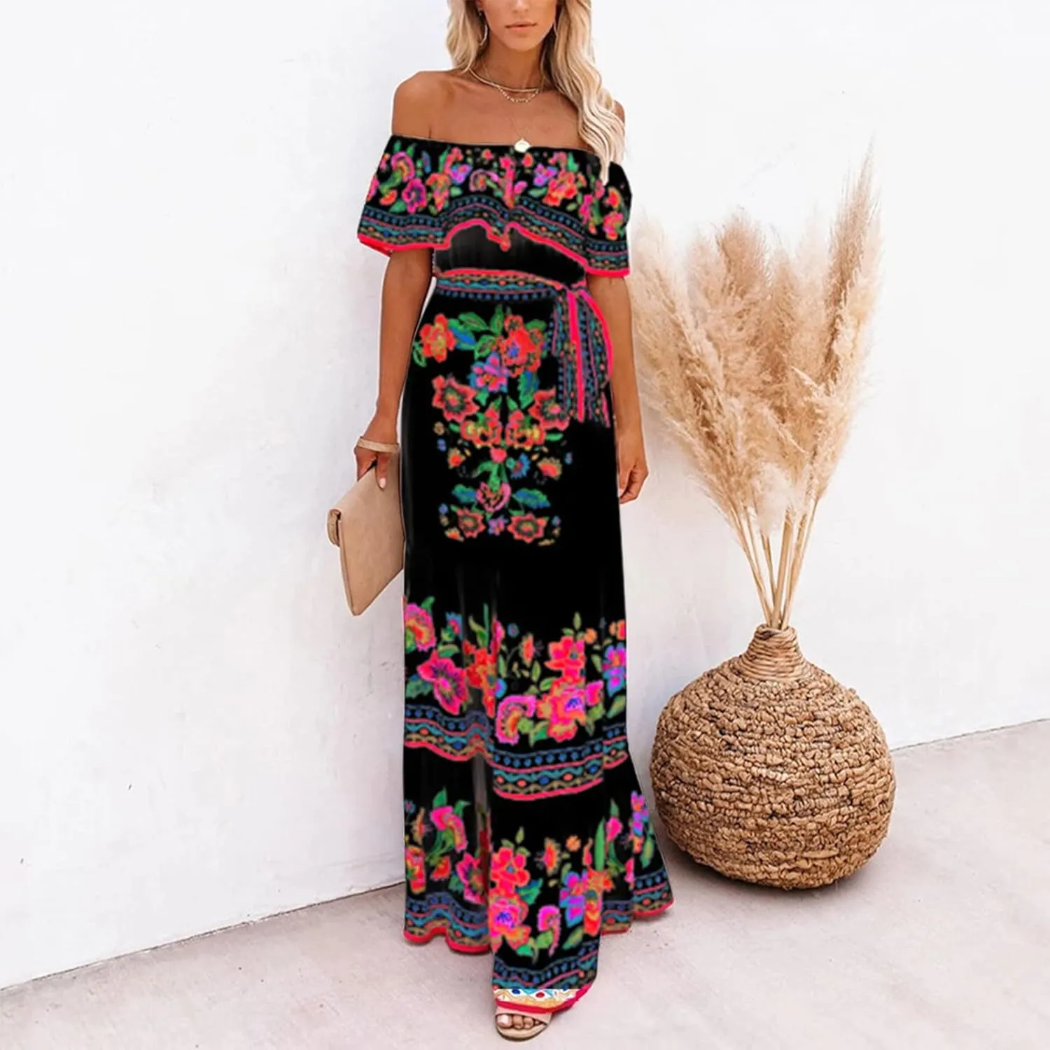 Women's Long Maxi Dress Sexy Off Shoulder Boho Floral Dress Ruffle Short Sleeve Smocked Flowy A Line Beach Dress