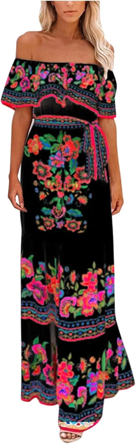 Women's Long Maxi Dress Sexy Off Shoulder Boho Floral Dress Ruffle Short Sleeve Smocked Flowy A Line Beach Dress