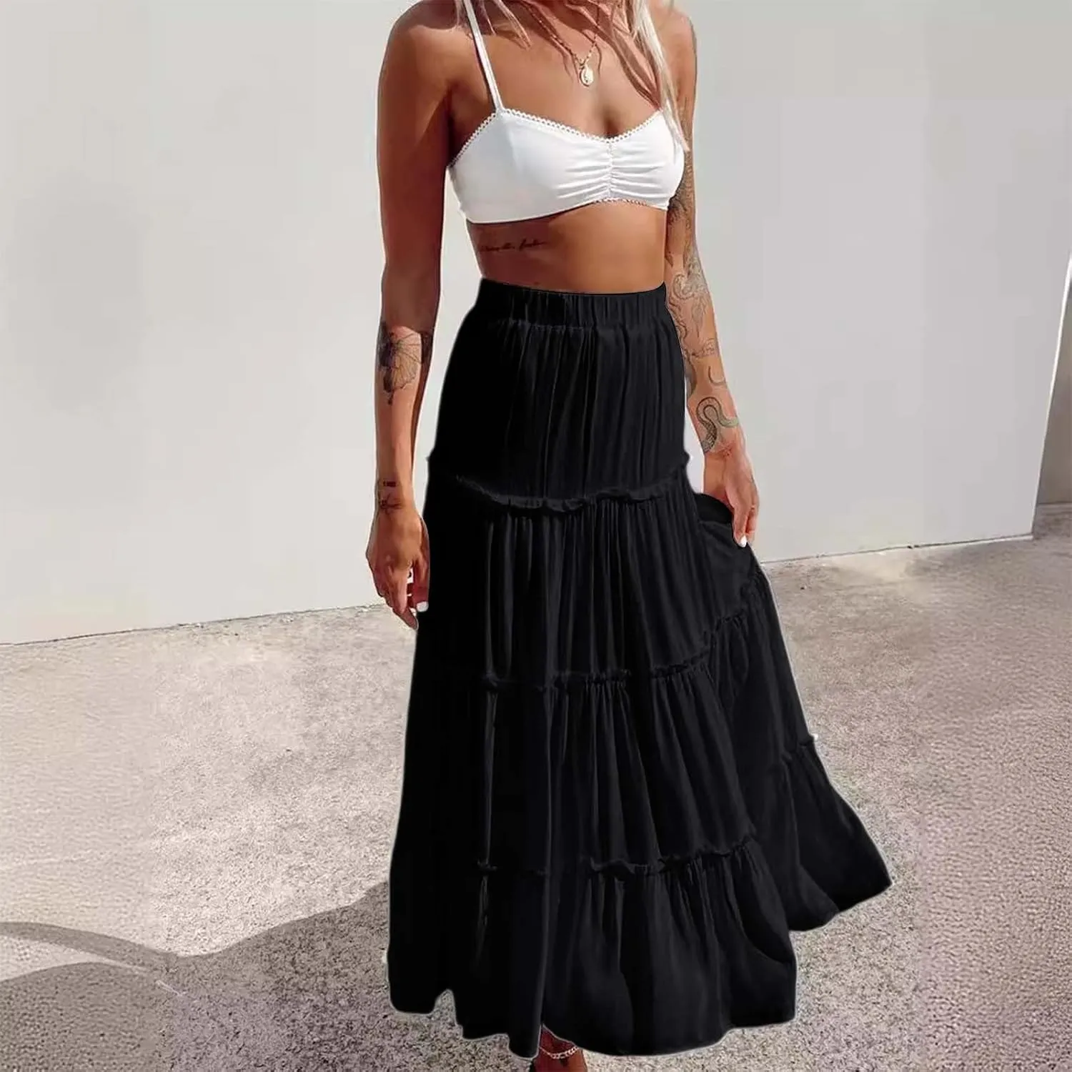 Women's Long Maxi Skirts Elastic High Waist Tiered Flowy Long Skirt Pleated Swing A Line Maxi Summer Girls