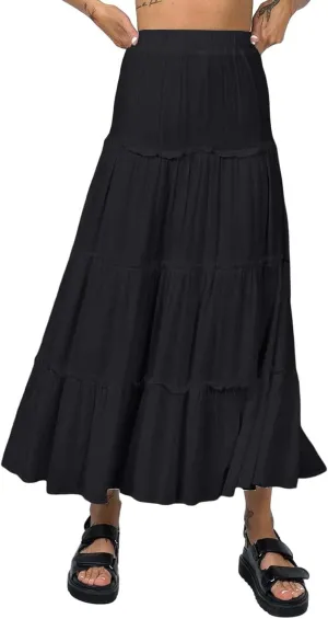 Women's Long Maxi Skirts Elastic High Waist Tiered Flowy Long Skirt Pleated Swing A Line Maxi Summer Girls