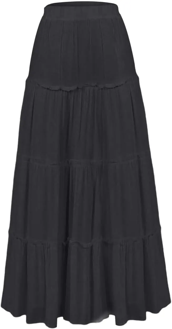 Women's Long Maxi Skirts Elastic High Waist Tiered Flowy Long Skirt Pleated Swing A Line Maxi Summer Girls