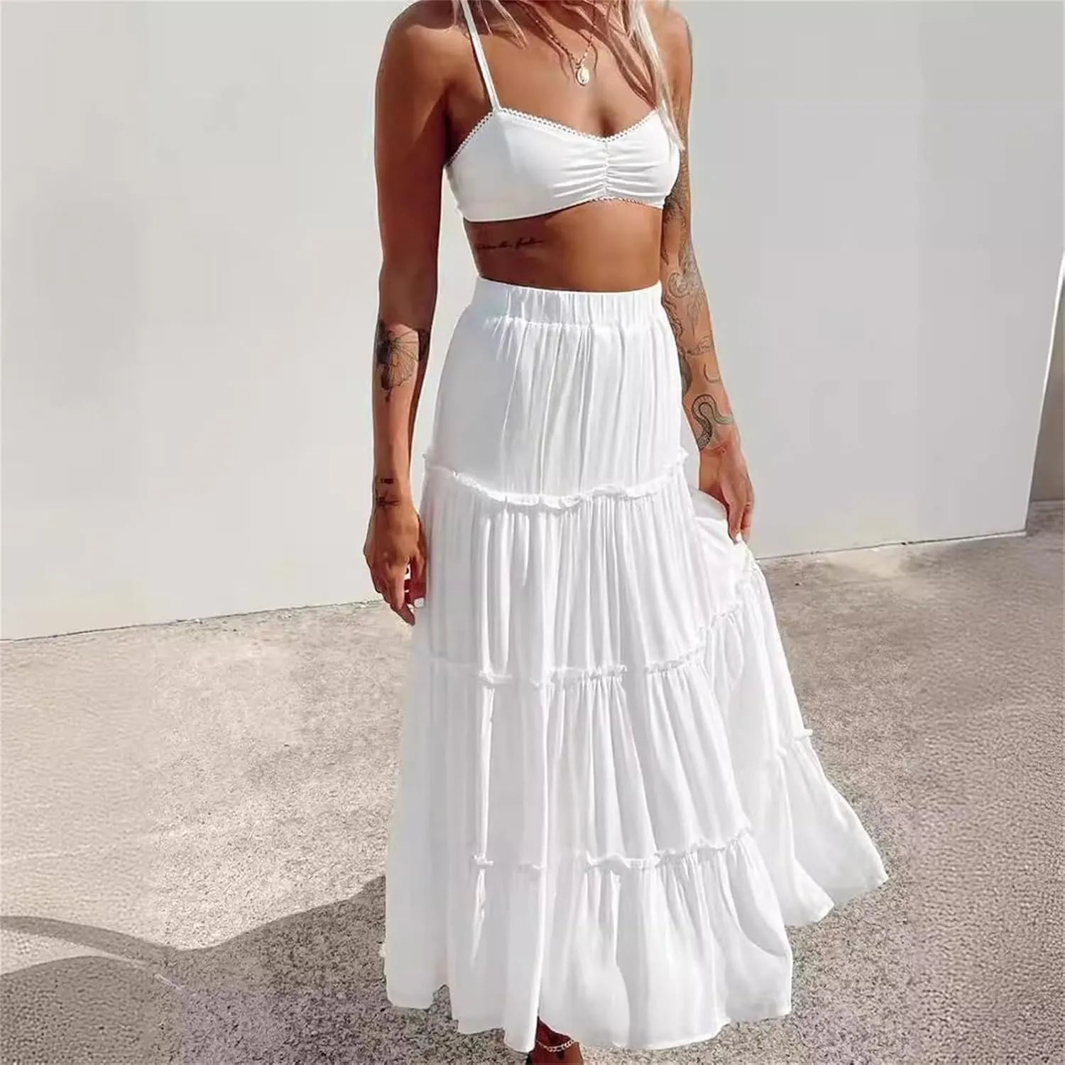 Women's Long Maxi Skirts Elastic High Waist Tiered Flowy Long Skirt Pleated Swing A Line Maxi Summer Girls