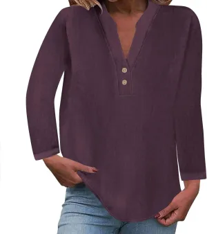 Women's Long Sleeve T Shirts Button Down V Neck Tunic Classic Loose Fit Blouses 2024 Fall Trendy Casual Daily Tops