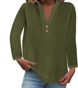 Women's Long Sleeve T Shirts Button Down V Neck Tunic Classic Loose Fit Blouses 2024 Fall Trendy Casual Daily Tops