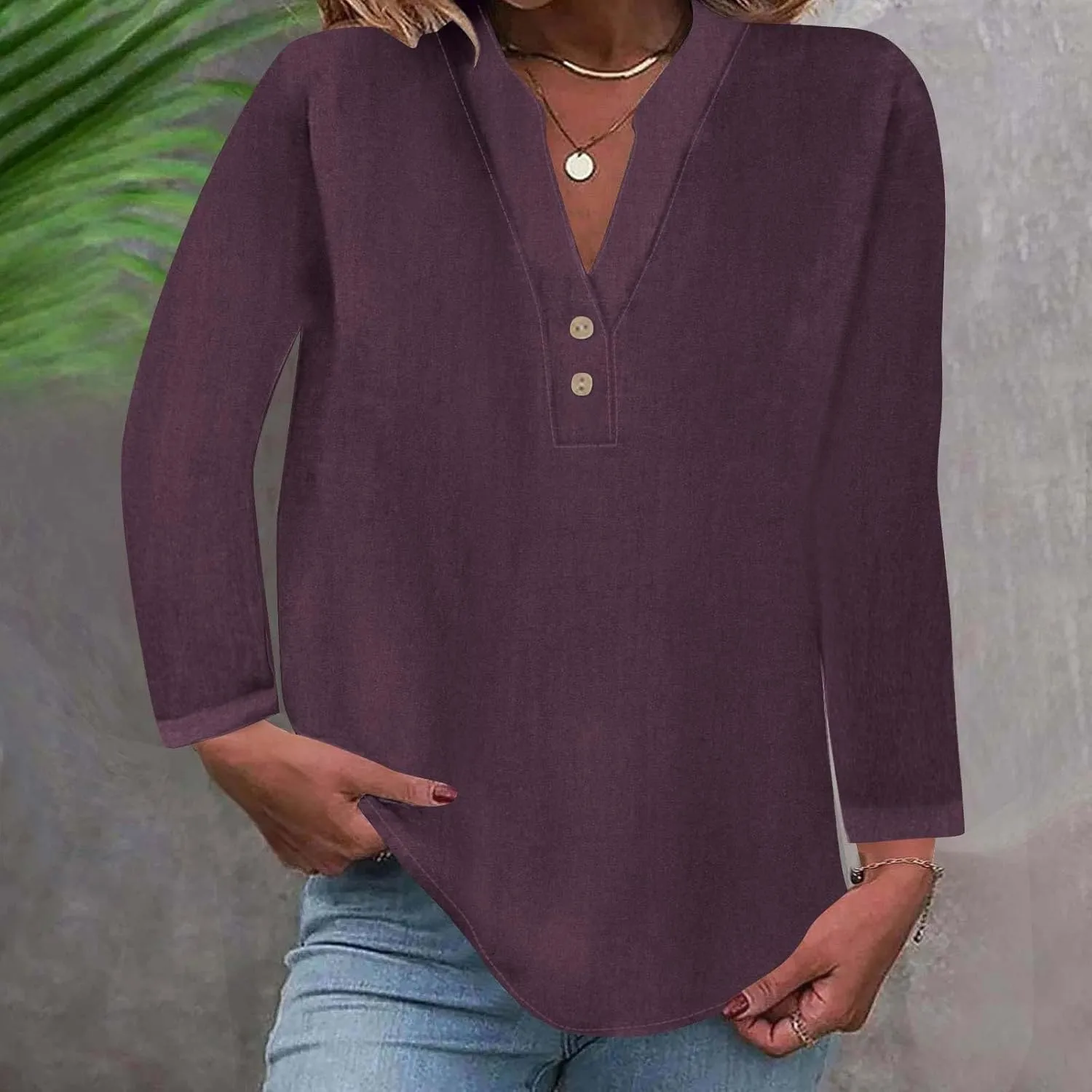 Women's Long Sleeve T Shirts Button Down V Neck Tunic Classic Loose Fit Blouses 2024 Fall Trendy Casual Daily Tops