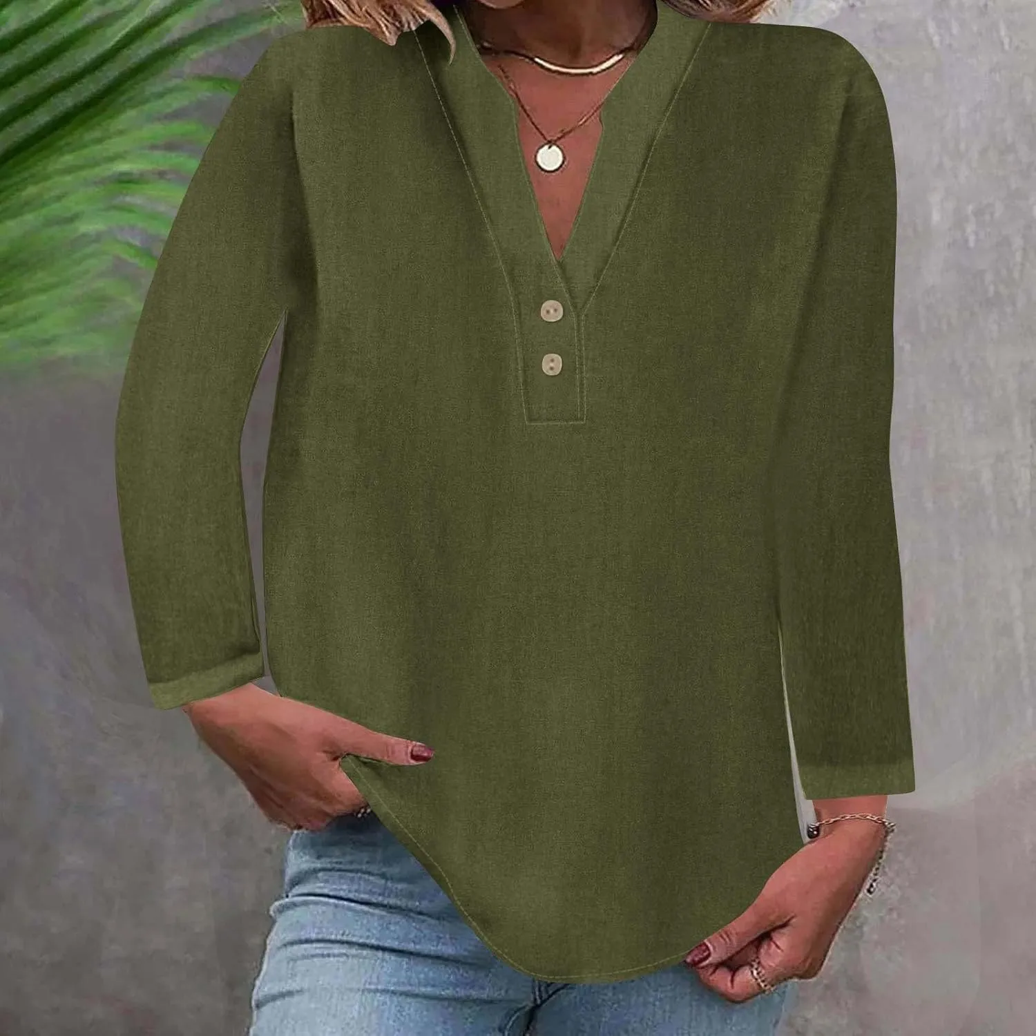 Women's Long Sleeve T Shirts Button Down V Neck Tunic Classic Loose Fit Blouses 2024 Fall Trendy Casual Daily Tops