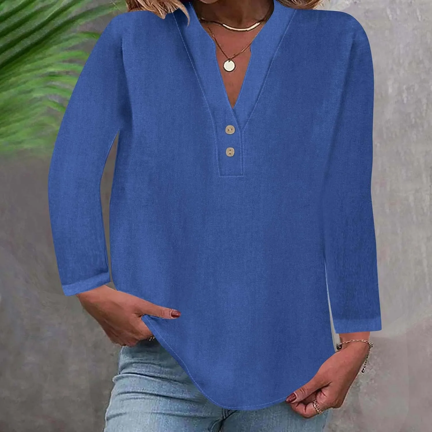 Women's Long Sleeve T Shirts Button Down V Neck Tunic Classic Loose Fit Blouses 2024 Fall Trendy Casual Daily Tops