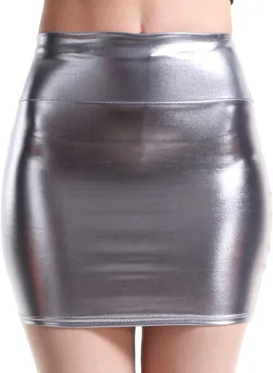 Women's Metallic Shiny PU Leather Bodycon Mini Skirt A-line Pencil Club Party Skirt Clubwear