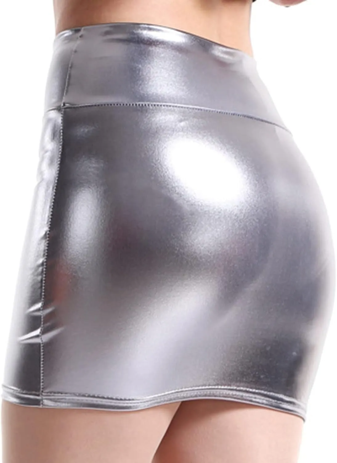 Women's Metallic Shiny PU Leather Bodycon Mini Skirt A-line Pencil Club Party Skirt Clubwear