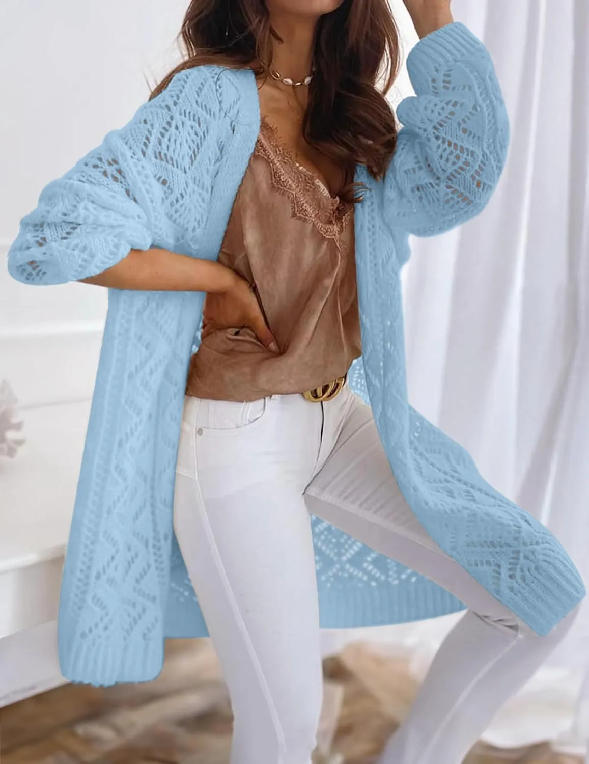 Womens Oversized Cute Crochet Chunky Knit Long Cardigan Fall 2024 Sexy Hollow Out Open Front Sweater Cardigans