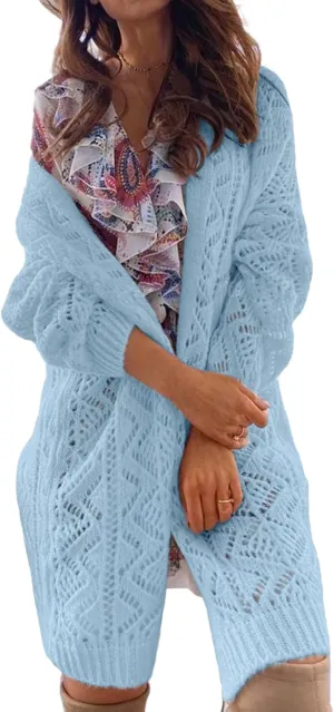 Womens Oversized Cute Crochet Chunky Knit Long Cardigan Fall 2024 Sexy Hollow Out Open Front Sweater Cardigans