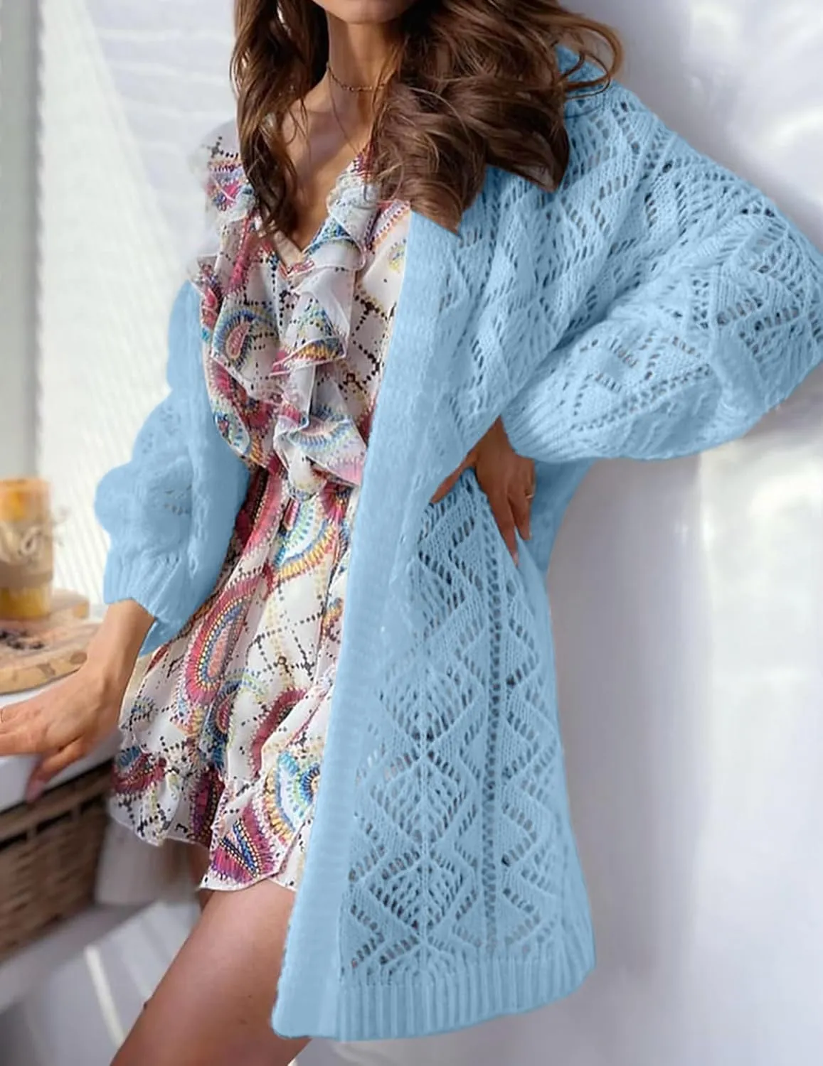 Womens Oversized Cute Crochet Chunky Knit Long Cardigan Fall 2024 Sexy Hollow Out Open Front Sweater Cardigans