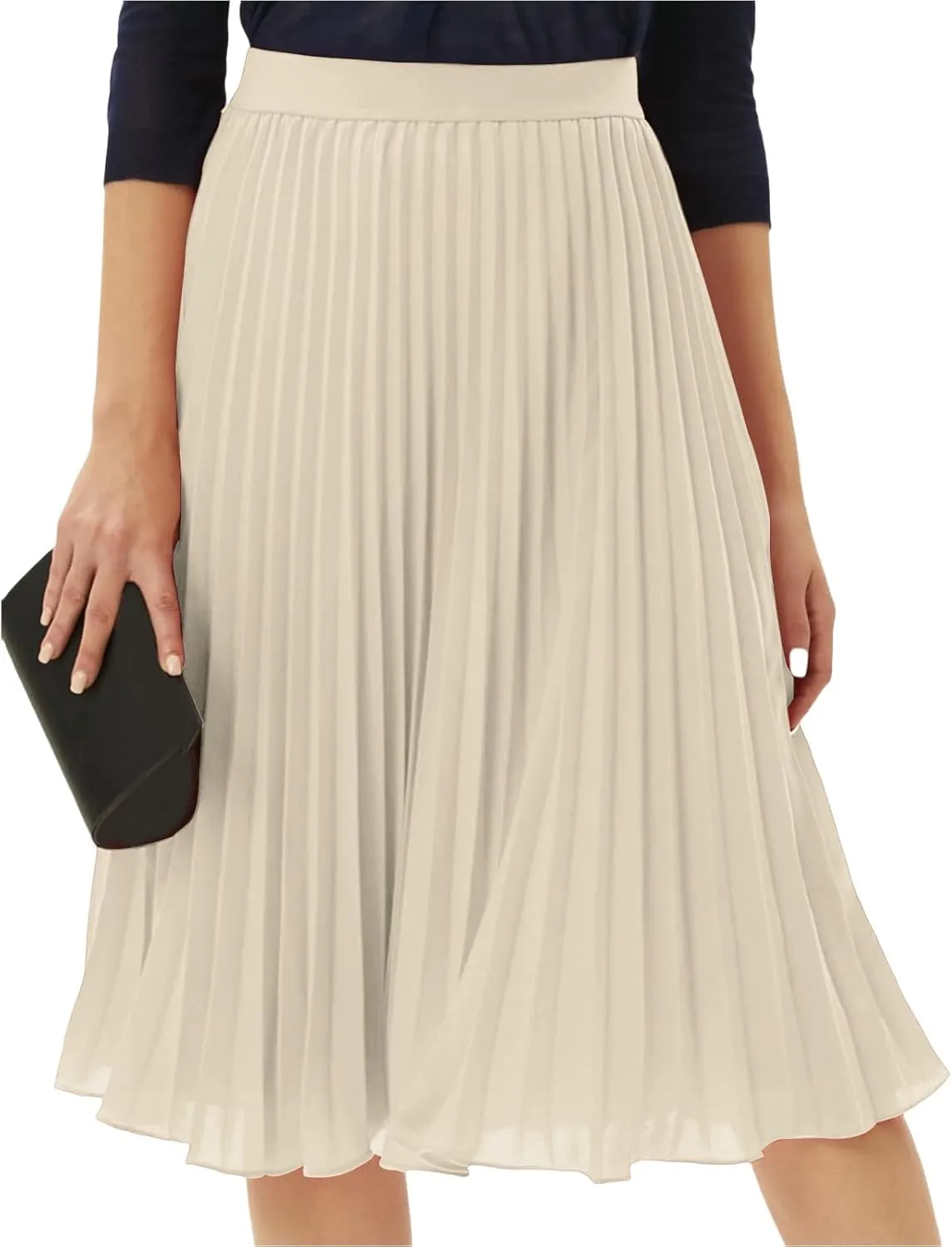 Womens Pleated Midi Skirt High Elastic Waist Chiffon Skirt Knee Length Swing A-Line Casual Flowy Skirts