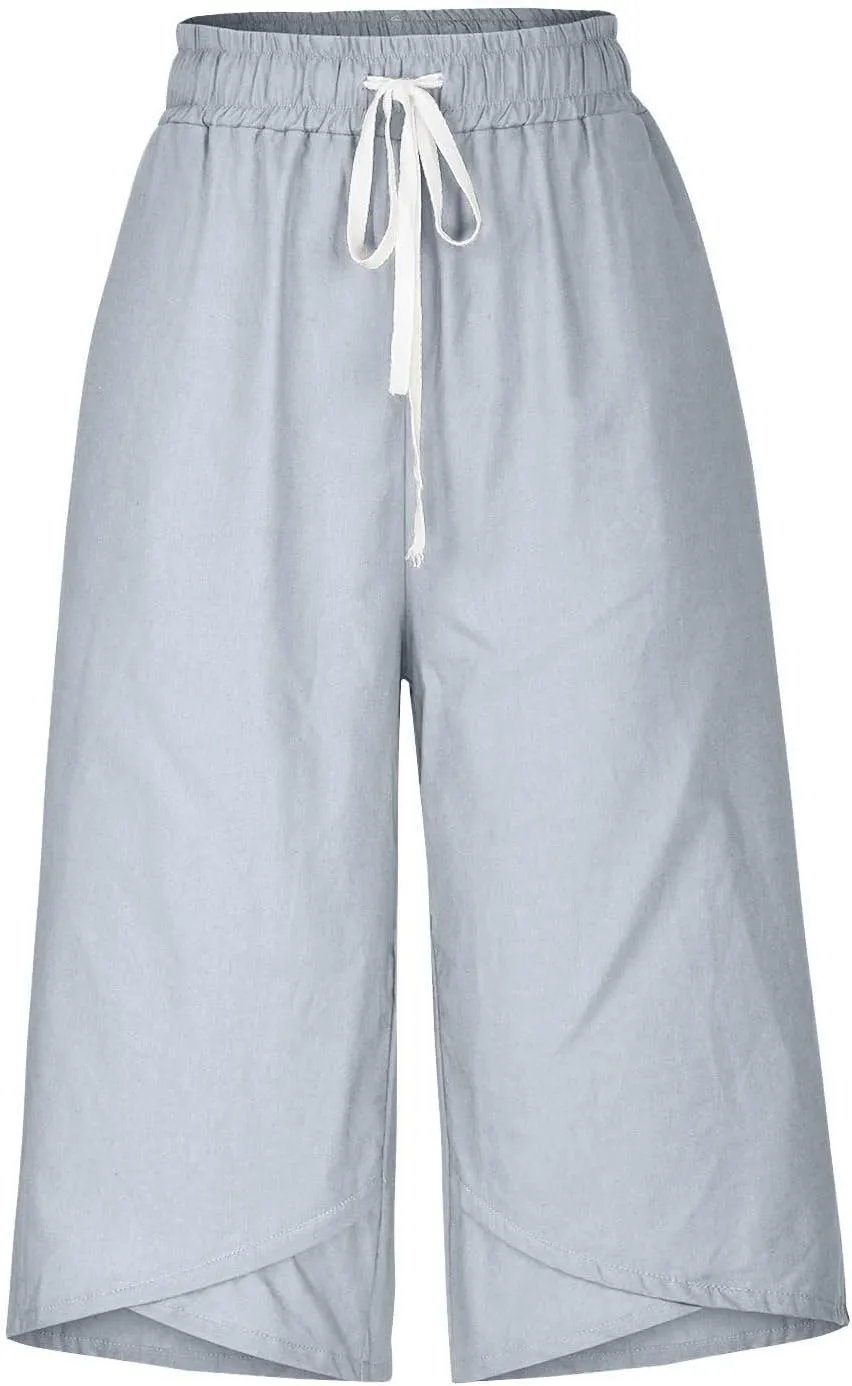 Women's Plus Size Drawstring Solid Linen Casual Relaxed Capri Pants - Loose Elastic Waist Summer Versatile Trousers