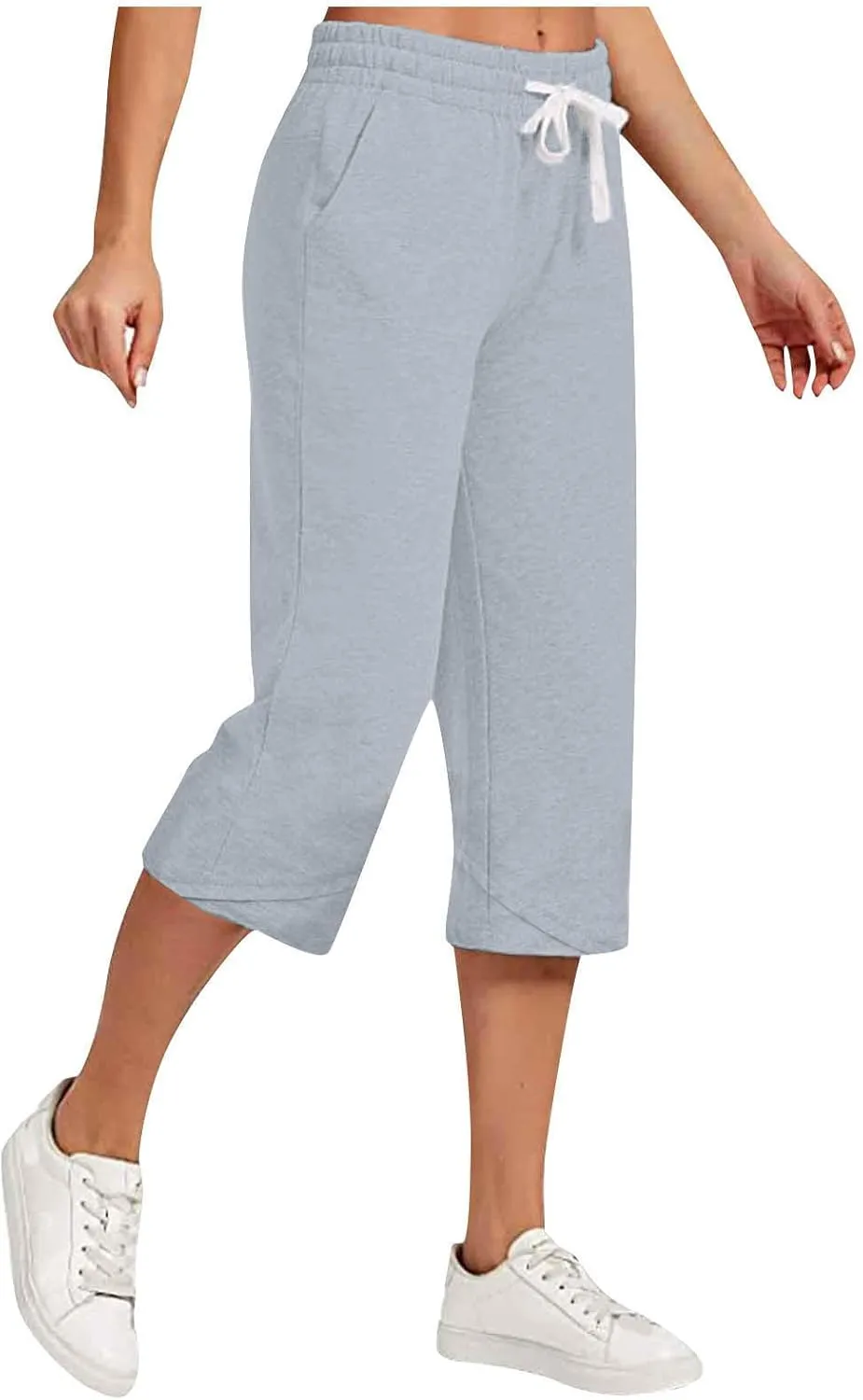 Women's Plus Size Drawstring Solid Linen Casual Relaxed Capri Pants - Loose Elastic Waist Summer Versatile Trousers