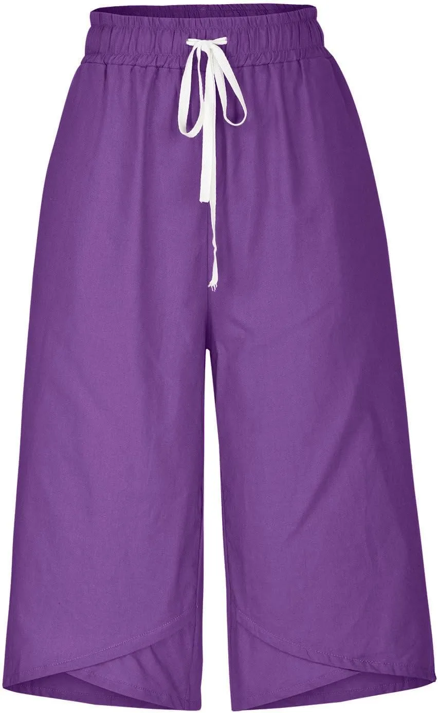 Women's Plus Size Drawstring Solid Linen Casual Relaxed Capri Pants - Loose Elastic Waist Summer Versatile Trousers