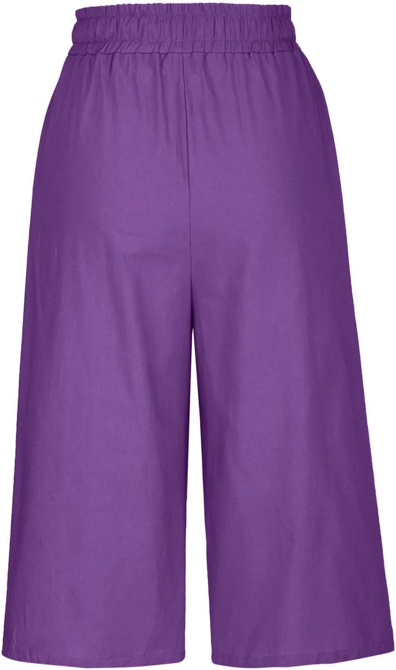 Women's Plus Size Drawstring Solid Linen Casual Relaxed Capri Pants - Loose Elastic Waist Summer Versatile Trousers
