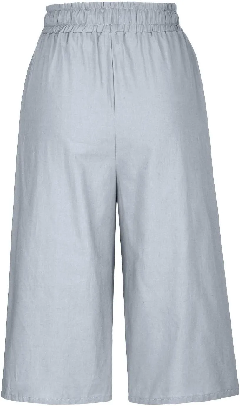 Women's Plus Size Drawstring Solid Linen Casual Relaxed Capri Pants - Loose Elastic Waist Summer Versatile Trousers