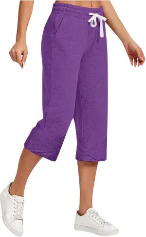 Women's Plus Size Drawstring Solid Linen Casual Relaxed Capri Pants - Loose Elastic Waist Summer Versatile Trousers