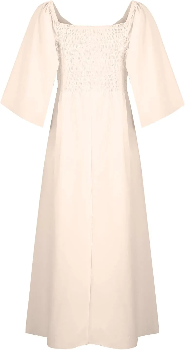 Womens Ruffled Sleeve Midi Dress Elegant Tie V Neck High Waist Summer Dress Casual Hem A-Line Flowy Maxi Dresses