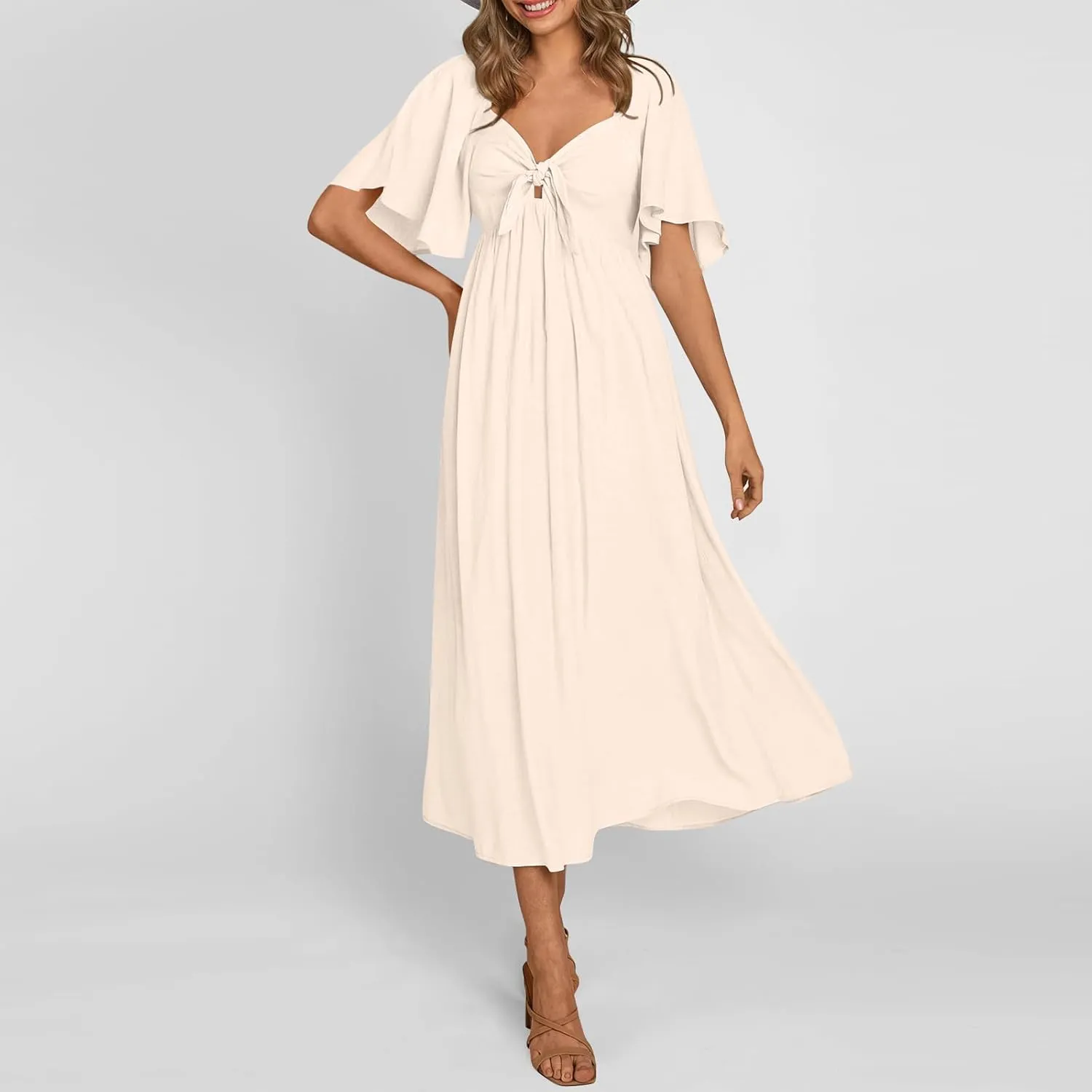 Womens Ruffled Sleeve Midi Dress Elegant Tie V Neck High Waist Summer Dress Casual Hem A-Line Flowy Maxi Dresses