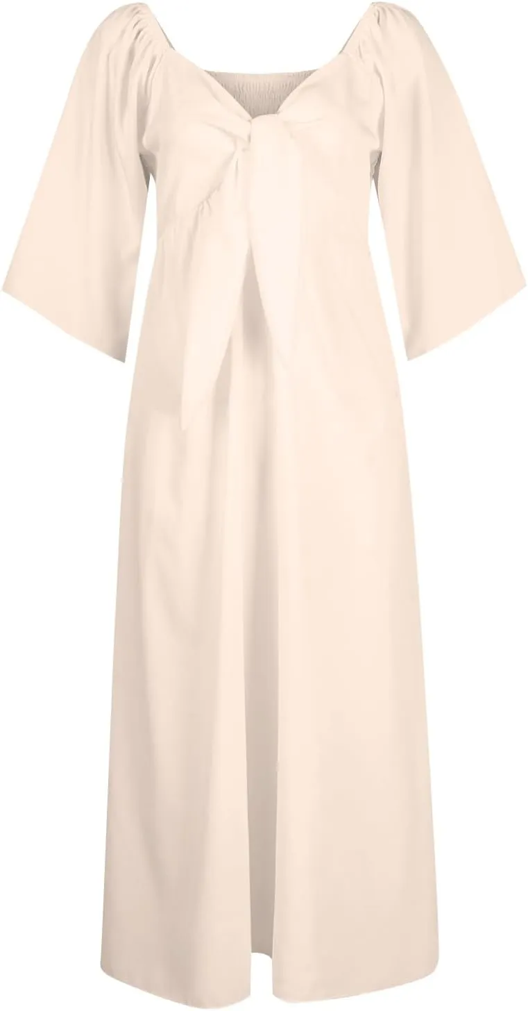 Womens Ruffled Sleeve Midi Dress Elegant Tie V Neck High Waist Summer Dress Casual Hem A-Line Flowy Maxi Dresses