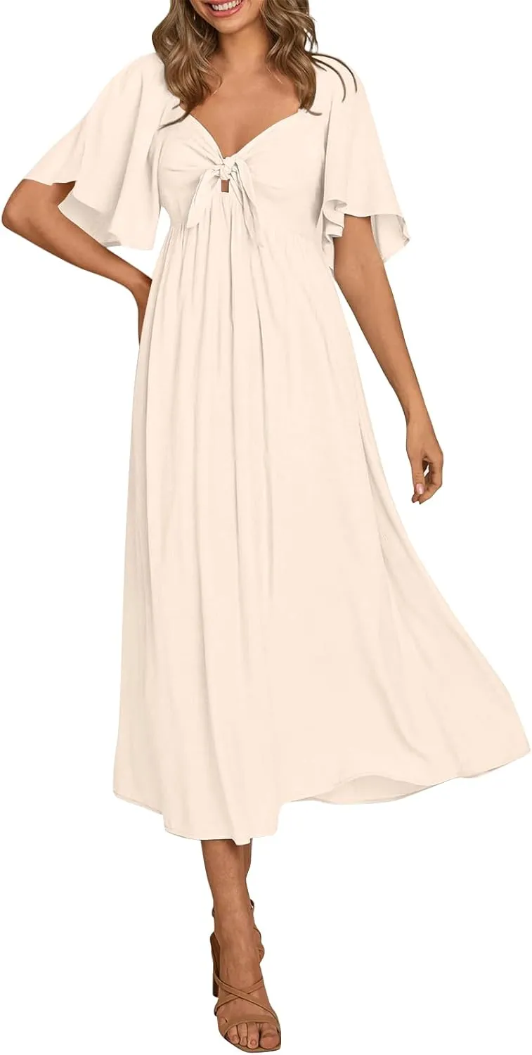 Womens Ruffled Sleeve Midi Dress Elegant Tie V Neck High Waist Summer Dress Casual Hem A-Line Flowy Maxi Dresses